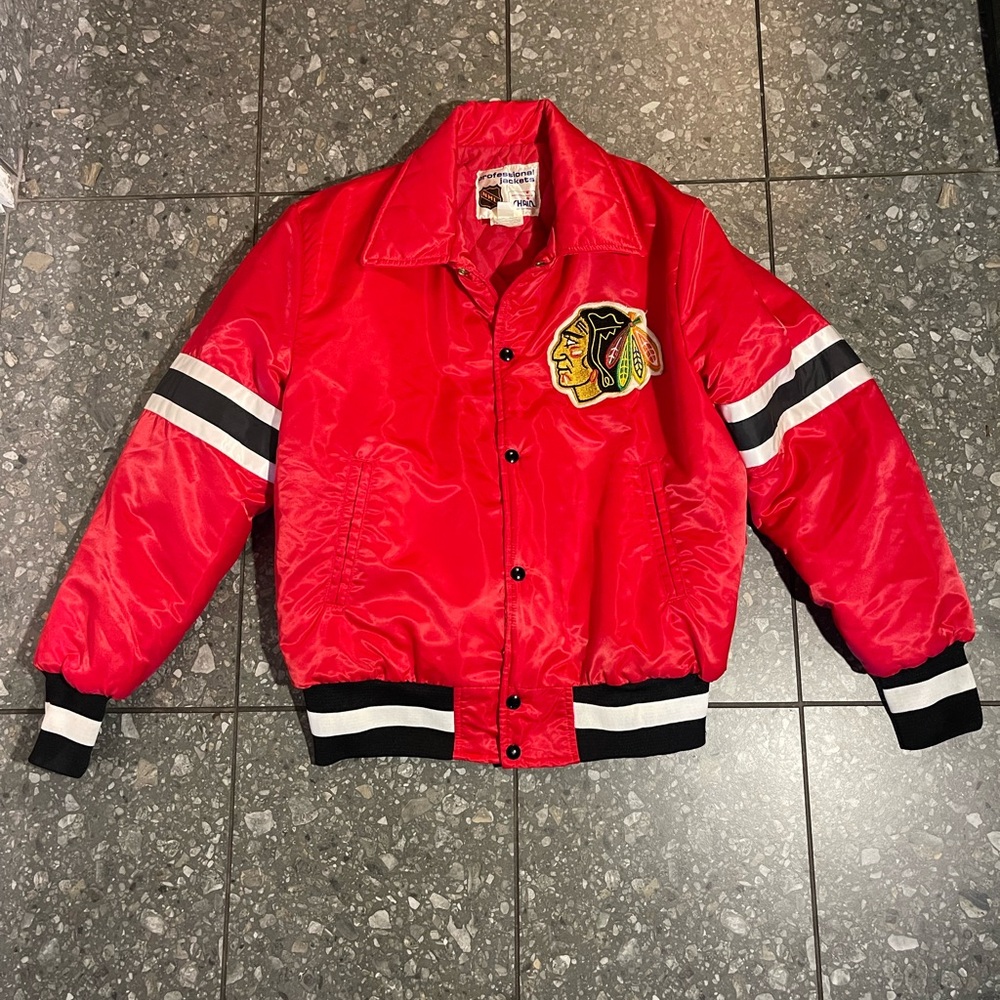 NWOT Vintage Chicago Blackhawks Satin Bomber Jacket Made In Canada Large
